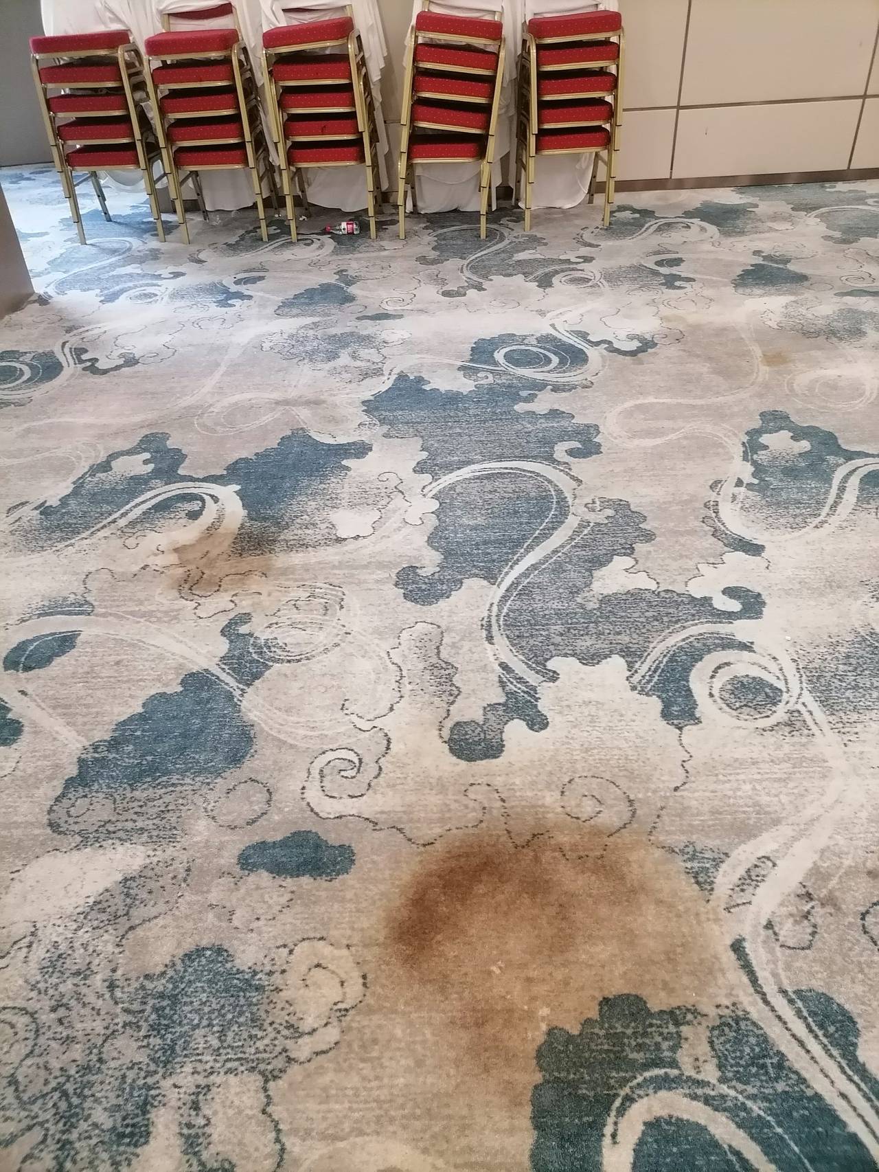 连锁酒店宴会厅印花地毯深度清洗前实拍：行走带污渍沉积、局部色斑