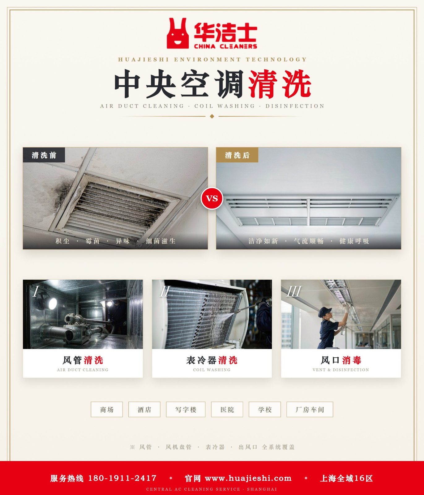 中央空调清洗前后对照：风管清洗、表冷器清洗、风口消毒，洁净如新、气流顺畅