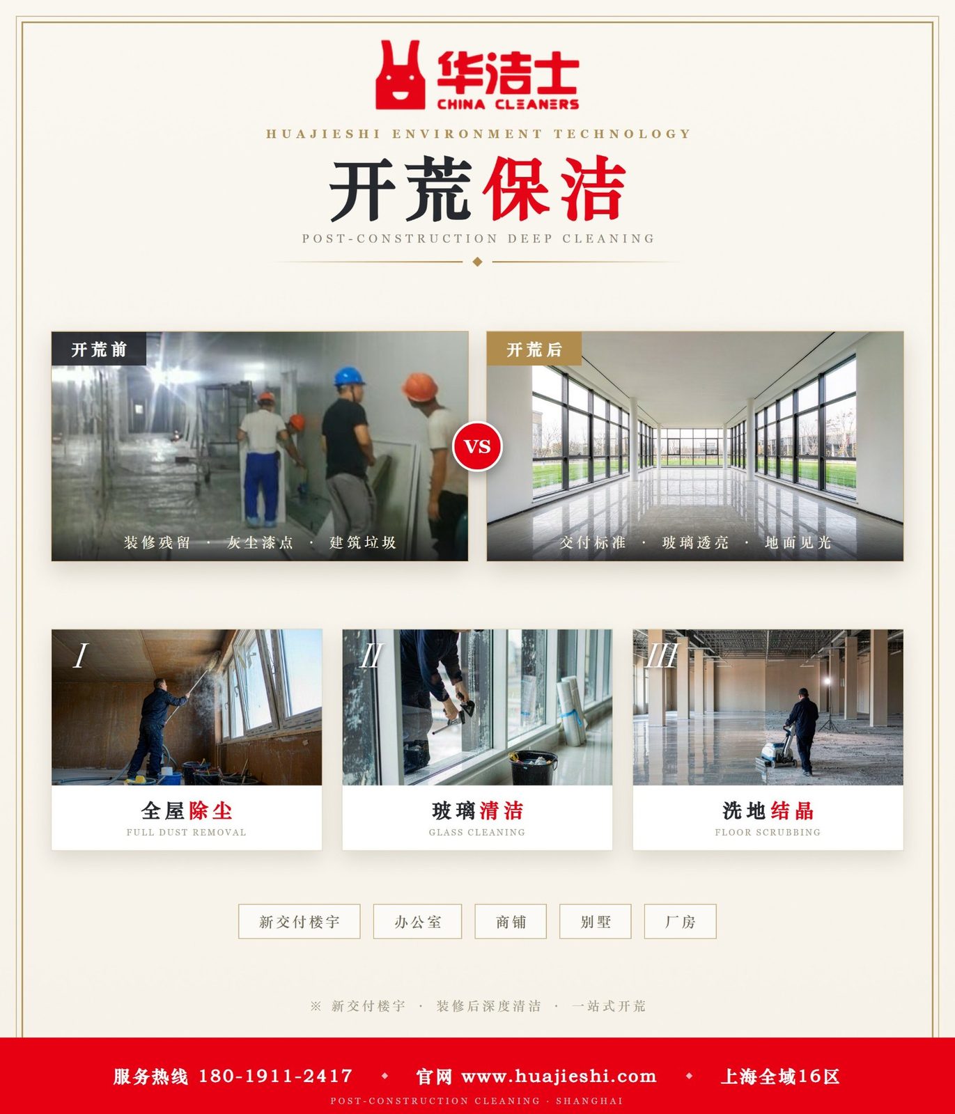 开荒保洁作业前后对照：全屋除尘、玻璃清洁、洗地结晶，交付标准、玻璃透亮
