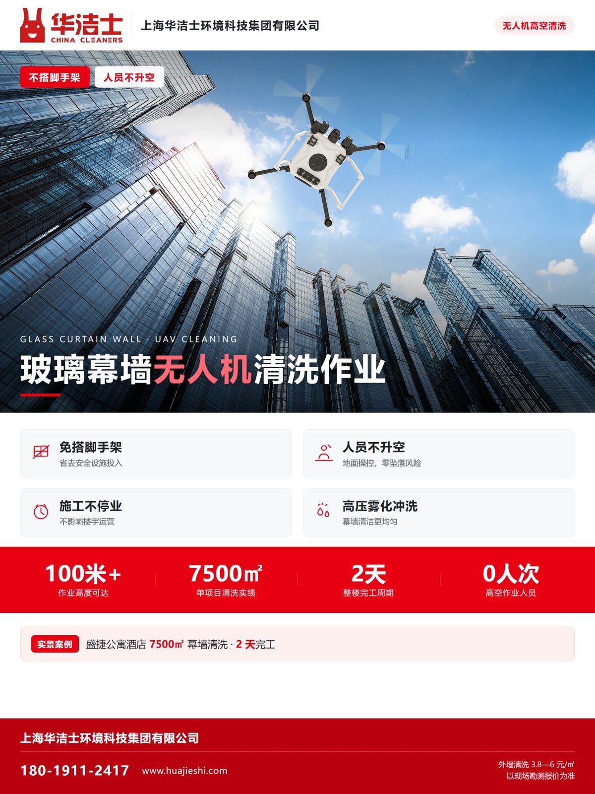 玻璃幕墙无人机清洗作业：华洁士无人机高空清洗现场，含免搭脚手架、人员不开空、100米+作业高度等作业参数