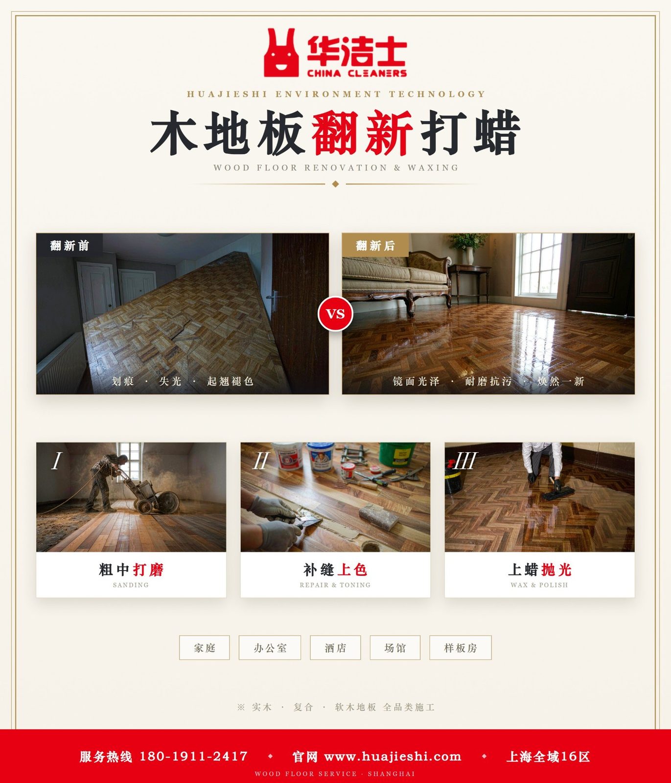 木地板翻新打蜡前后对比与三道工艺：粗中打磨、补缝上色、上蜡抛光，适用家庭办公室酒店场馆样板房